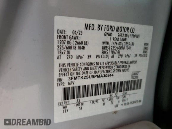 2023 Ford Mustang Mach-E California Route 1 z VIN 3FMTK2SU9PMA30944, wystawiony jako Copart lot #47666925 z przebiegiem 46 371 mil mil oraz Szkoda całkowita • Salvage title. Historia ofert i sprzedaży dostępna na DreamBid. Obrazek 14.