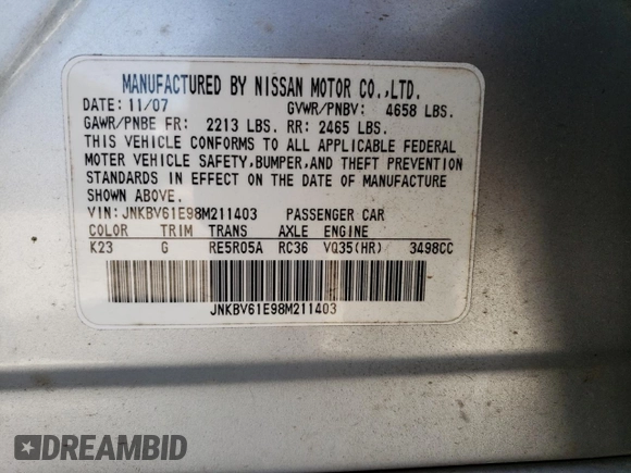 2008 Infiniti G35 with VIN JNKBV61E98M211403, listed as a Copart auction lot 71442184 with 110,632 mi miles and Salvage Title. Bid and sale history available at DreamBid. Image 12.