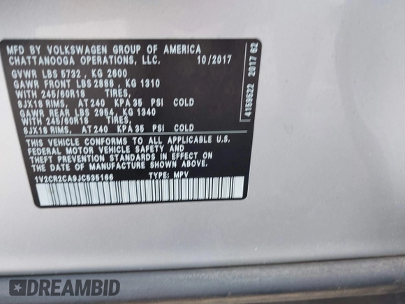 2018 Volkswagen Atlas SE with VIN 1V2CR2CA9JC535166, listed as a IAAI auction lot 42179451 with 146,625 mi miles and . Bid and sale history available at DreamBid. Image 9.