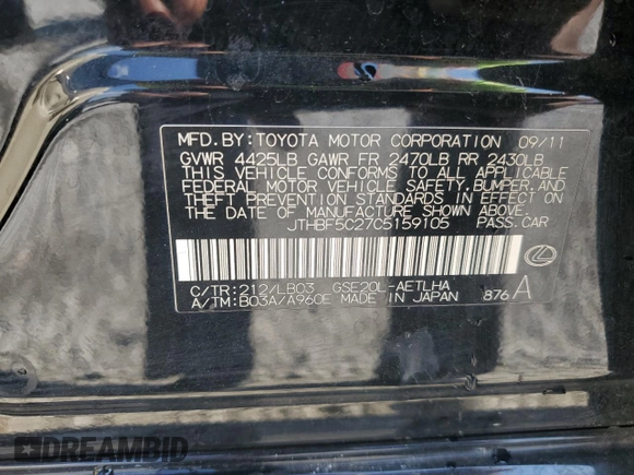 2012 Lexus IS 250 z VIN JTHBF5C27C5159105, wystawiony jako Copart lot #62128085 z przebiegiem 123 677 mil mil oraz Szkoda całkowita • Salvage title. Historia ofert i sprzedaży dostępna na DreamBid. Obrazek 13.