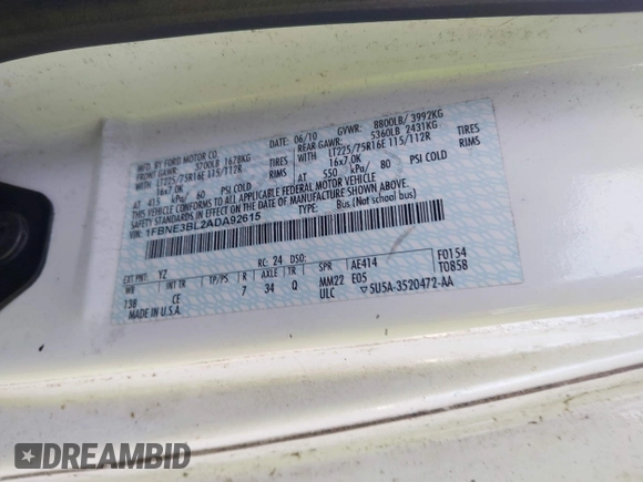 2010 Ford Econoline Passenger XL with VIN 1FBNE3BL2ADA92615, listed as a IAAI auction lot 41059880 with Not provided miles and . Bid and sale history available at DreamBid. Image 9.