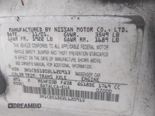2002 Nissan Sentra GXE z VIN 3N1CB51D02L620913, wystawiony jako IAAI lot #42089002 z przebiegiem 193 291 mil mil oraz . Historia ofert i sprzedaży dostępna na DreamBid. Obrazek 9.