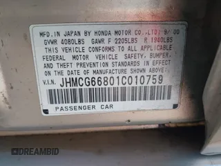 2001 Honda Accord EX z VIN JHMCG66801C010759, wystawiony jako IAAI lot #42303890 z przebiegiem 216 143 mil mil oraz . Historia ofert i sprzedaży dostępna na DreamBid. Obrazek 9.