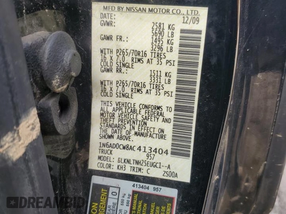 2010 Nissan Frontier SE with VIN 1N6AD0CW8AC413404, listed as a Copart auction lot 46413625 with Not provided miles and Salvage title. Bid and sale history available at DreamBid. Image 12.