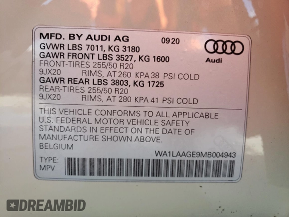 2021 Audi e-tron Premium Plus with VIN WA1LAAGE9MB004943, listed as a Copart auction lot 39321443 with 16,050 mi miles. Bid and sale history available at carsss.com. Image 13.