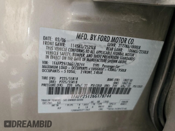 2006 Ford Five Hundred Limited with VIN 1FAFP25126G178744, listed as a Copart auction lot 80289154 with 0 mi miles and Salvage Title. Bid and sale history available at carsss.com. Image 15.