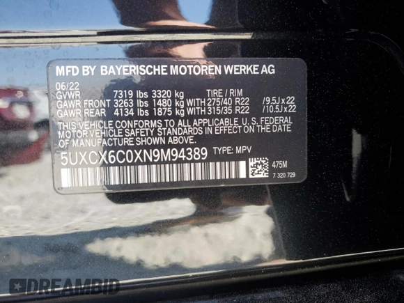2022 BMW X7 M50i z VIN 5UXCX6C0XN9M94389, wystawiony jako Copart lot #49696505 z przebiegiem 22 908 mil mil oraz Szkody całkowita. Historia ofert i sprzedaży dostępna na DreamBid. Obrazek 13.