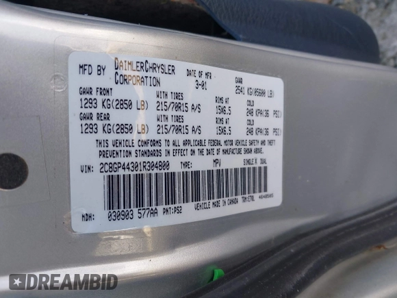2001 Chrysler Town & Country with VIN 2C8GP44301R304800, listed as a IAAI auction lot 41433836 with Not Provided miles and . Bid and sale history available at DreamBid. Image 9.