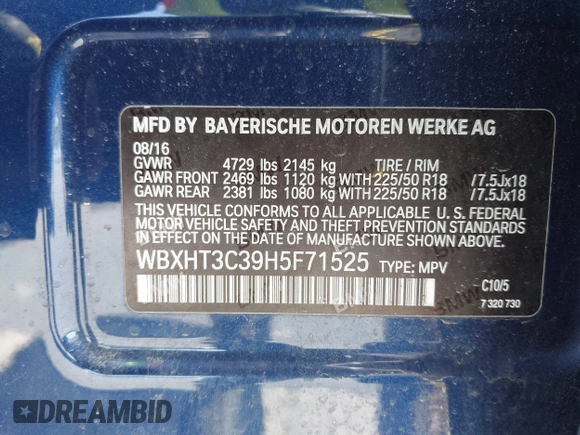 2017 BMW X1 xDrive28i with VIN WBXHT3C39H5F71525, listed as a IAAI auction lot 42050272 with 118,875 mi miles. Bid and sale history available at carsss.com. Image 9.