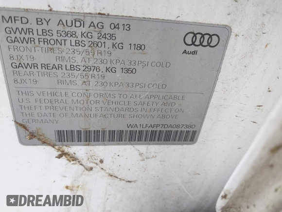 2013 Audi Q5 Premium Plus with VIN WA1LFAFP7DA087380, listed as a IAAI auction lot 42639650 with 132,744 mi miles and . Bid and sale history available at DreamBid. Image 9.