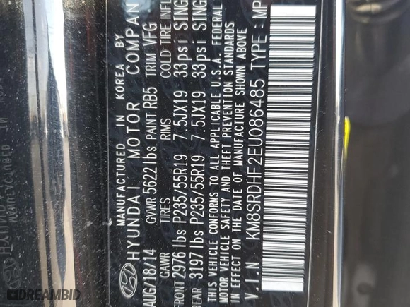 2014 Hyundai Santa Fe Limited with VIN KM8SRDHF2EU086485, listed as a Copart auction lot 52961685 with 120,868 mi miles and Clean Title. Bid and sale history available at carsss.com. Image 13.