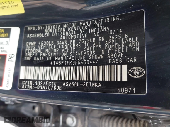 2015 Toyota Camry XLE with VIN 4T4BF1FK9FR450447, listed as a IAAI auction lot 41771512 with 218,691 mi miles and . Bid and sale history available at DreamBid. Image 9.