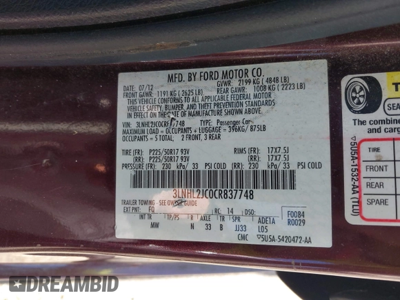 2012 Lincoln MKZ with VIN 3LNHL2JC0CR837748, listed as a IAAI auction lot 41903369 with 132,996 mi miles. Bid and sale history available at carsss.com. Image 9.