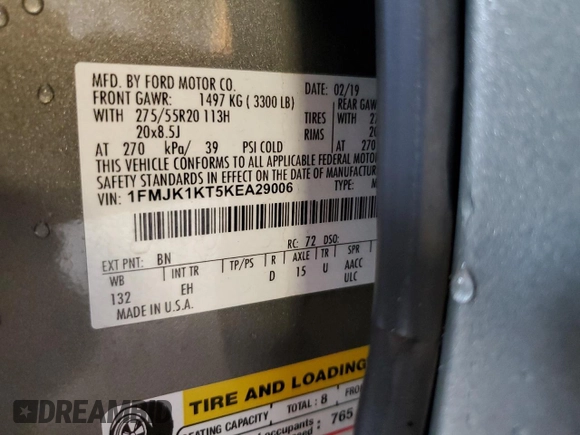 2019 Ford Expedition Max Limited with VIN 1FMJK1KT5KEA29006, listed as a Copart auction lot 59023745 with 135,063 mi miles and Salvage title. Bid and sale history available at DreamBid. Image 13.