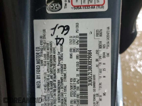 2012 Lincoln MKZ Hybrid with VIN 3LNDL2L38CR829084, listed as a Copart auction lot 46523705 with 150,272 mi miles and Clean Title. Bid and sale history available at DreamBid. Image 12.