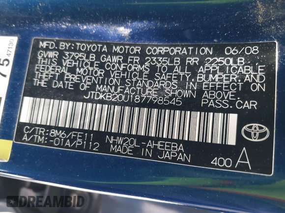 2008 Toyota Prius with VIN JTDKB20U187798545, listed as a IAAI auction lot 42565598 with 177,381 mi miles and . Bid and sale history available at DreamBid. Image 9.