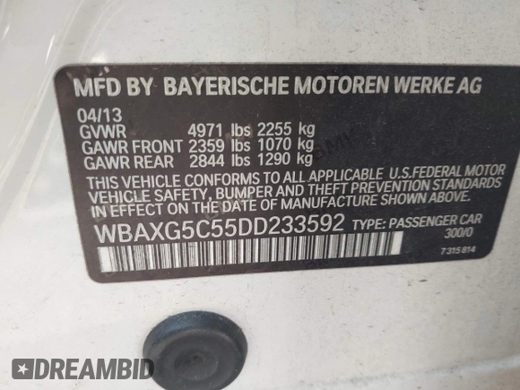 2013 BMW 5 Series 528i with VIN WBAXG5C55DD233592, listed as a IAAI auction lot 41827491 with 113,342 mi miles and . Bid and sale history available at carsss.com. Image 9.