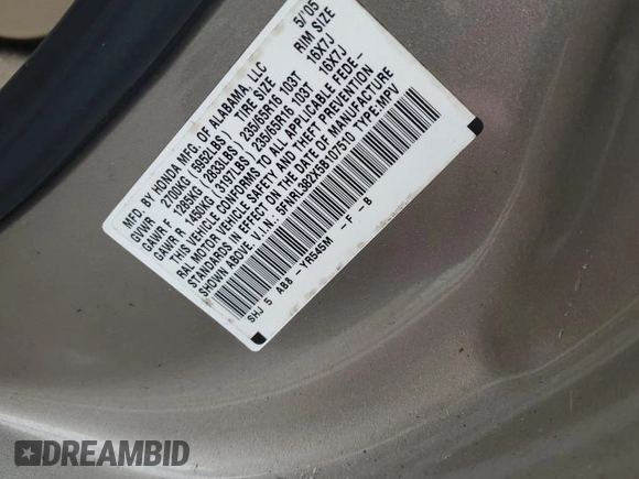 2005 Honda Odyssey LX with VIN 5FNRL382X5B107510, listed as a Copart auction lot 59554905 with 124,393 mi miles and Salvage title. Bid and sale history available at DreamBid. Image 13.