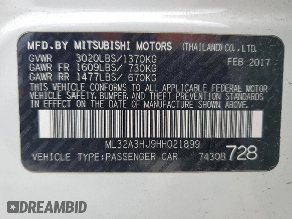 2017 Mitsubishi Mirage ES with VIN ML32A3HJ9HH021899, listed as a Copart auction lot 55824015 with 99,247 mi miles and Salvage title. Bid and sale history available at DreamBid. Image 13.