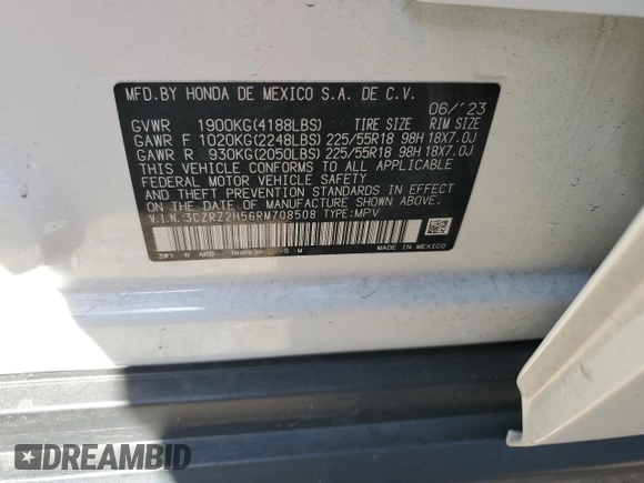 2024 Honda HR-V Sport with VIN 3CZRZ2H56RM708508, listed as a Copart auction lot 57341425 with 14,709 mi miles and Salvage title. Bid and sale history available at DreamBid. Image 12.