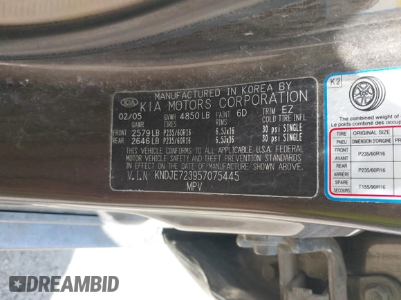 2005 Kia Sportage LX with VIN KNDJE723957075445, listed as a IAAI auction lot 42573760 with 185,000 mi miles and . Bid and sale history available at DreamBid. Image 9.