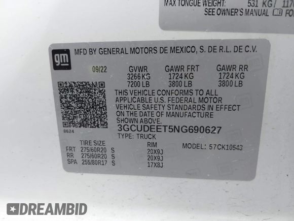 2022 Chevrolet Silverado 1500 RST with VIN 3GCUDEET5NG690627, listed as a IAAI auction lot 41832932 with 39,435 mi miles and . Bid and sale history available at DreamBid. Image 9.