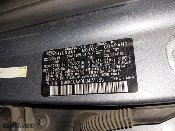 2020 Hyundai Kona SE with VIN KM8K1CAA0LU474165, listed as a IAAI auction lot 41354488 with 106,918 mi miles. Bid and sale history available at carsss.com. Image 9.