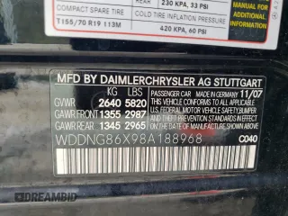 2008 Mercedes-Benz S-Class 5.5L V8 with VIN WDDNG86X98A188968, listed as a Copart auction lot 54815655 with 187,815 mi miles and Clean Title. Bid and sale history available at carsss.com. Image 12.