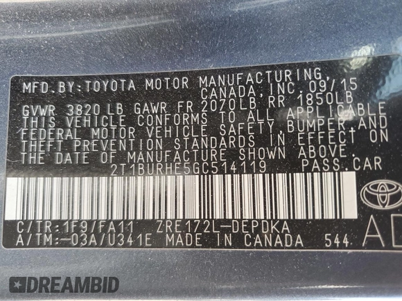 2016 Toyota Corolla L with VIN 2T1BURHE5GC514119, listed as a Copart auction lot 56582025 with 87,549 mi miles and Salvage title. Bid and sale history available at DreamBid. Image 12.