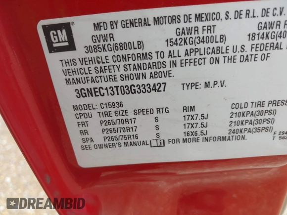 2003 Chevrolet Avalanche with VIN 3GNEC13T03G333427, listed as a IAAI auction lot 42515600 with 178,491 mi miles and . Bid and sale history available at DreamBid. Image 9.