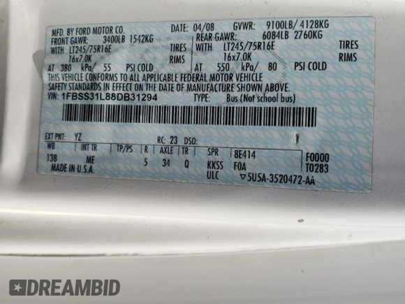 2008 Ford Econoline Passenger XL with VIN 1FBSS31L88DB31294, listed as a Copart auction lot 79436274 with 110,686 mi miles and Salvage Title. Bid and sale history available at DreamBid. Image 13.