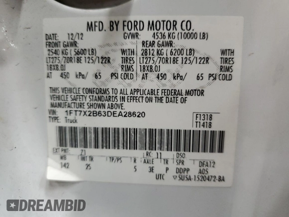 2013 Ford F-250 XL with VIN 1FT7X2B63DEA28620, listed as a Copart auction lot 82538854 with 266,804 mi miles and Clean Title. Bid and sale history available at DreamBid. Image 12.