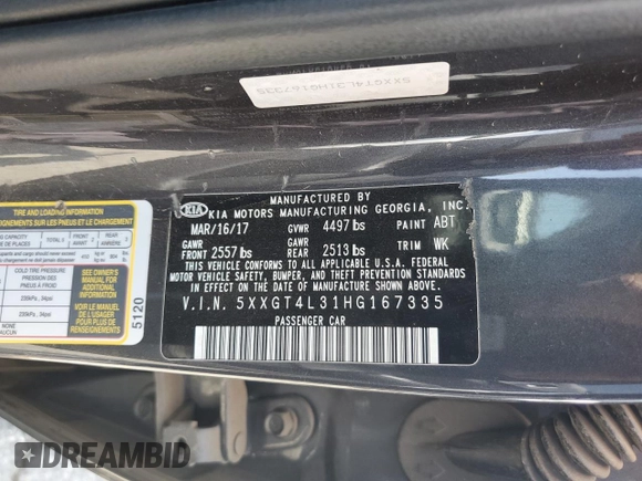 2017 Kia Optima LX with VIN 5XXGT4L31HG167335, listed as a Copart auction lot 54585405 with 131,328 mi miles and Clean Title. Bid and sale history available at carsss.com. Image 12.