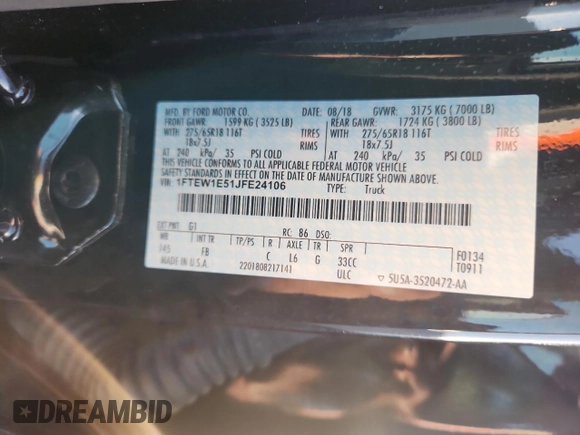 2018 Ford F-150 XL with VIN 1FTEW1E51JFE24106, listed as a Copart auction lot 63447235 with 32,509 mi miles and Salvage title. Bid and sale history available at DreamBid. Image 12.