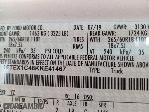 2019 Ford F-150 XL z VIN 1FTEX1C48KKE41467, wystawiony jako IAAI lot #42518514 z przebiegiem 107 651 mil mil oraz . Historia ofert i sprzedaży dostępna na DreamBid. Obrazek 2.