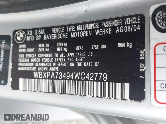 2004 BMW X3 2.5i with VIN WBXPA73494WC42779, listed as a IAAI auction lot 42233818 with 257,932 mi miles and . Bid and sale history available at DreamBid. Image 9.