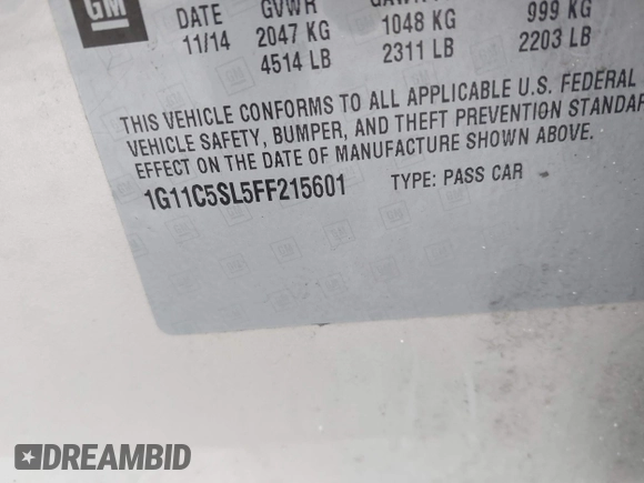 2015 Chevrolet Malibu LT with VIN 1G11C5SL5FF215601, listed as a IAAI auction lot 41716708 with 152,802 mi miles and . Bid and sale history available at DreamBid. Image 9.