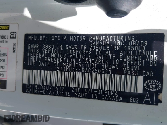 2010 Toyota Matrix z VIN 2T1KU4EE8AC250621, wystawiony jako IAAI lot #42299900 z przebiegiem 149 194 mil mil oraz . Historia ofert i sprzedaży dostępna na DreamBid. Obrazek 9.