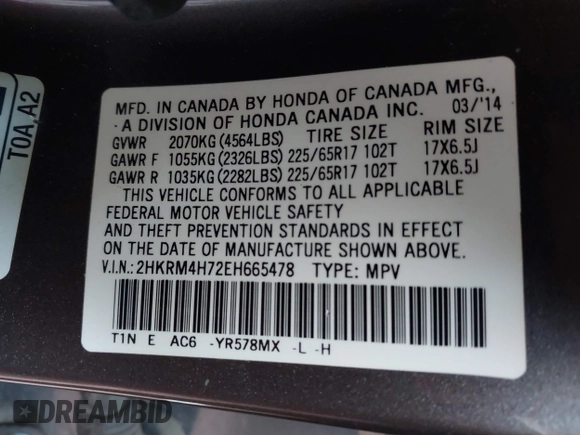 2014 Honda CR-V EX-L with VIN 2HKRM4H72EH665478, listed as a IAAI auction lot 41970335 with 119,557 mi miles. Bid and sale history available at carsss.com. Image 9.