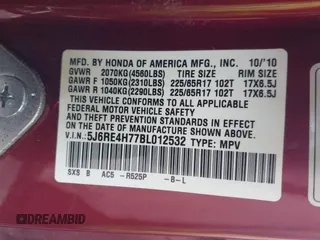2011 Honda CR-V EX-L with VIN 5J6RE4H77BL012532, listed as a IAAI auction lot 42101102 with 50,965 mi miles. Bid and sale history available at carsss.com. Image 9.