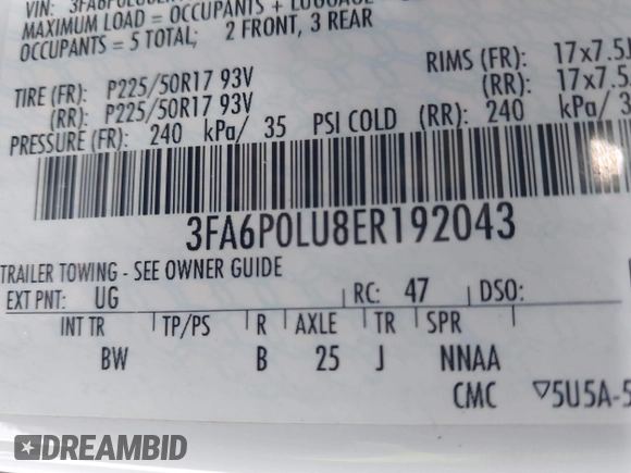 2014 Ford Fusion SE Hybrid with VIN 3FA6P0LU8ER192043, listed as a IAAI auction lot 41617422 with 131,772 mi miles. Bid and sale history available at carsss.com. Image 9.