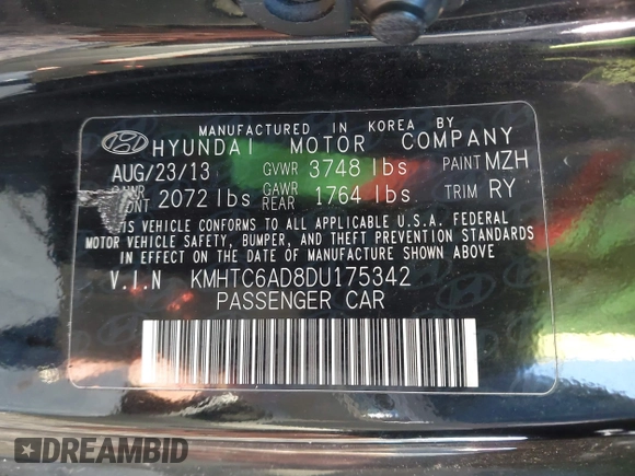 2013 Hyundai Veloster w/Gray Int with VIN KMHTC6AD8DU175342, listed as a IAAI auction lot 41423246 with 1 mi miles. Bid and sale history available at carsss.com. Image 9.