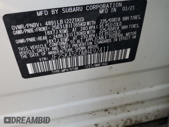 2021 Subaru Forester Limited z VIN JF2SKASC0MH492411, wystawiony jako Copart lot #59145905 z przebiegiem 41 816 mil mil oraz Szkoda całkowita • Salvage title. Historia ofert i sprzedaży dostępna na DreamBid. Obrazek 13.