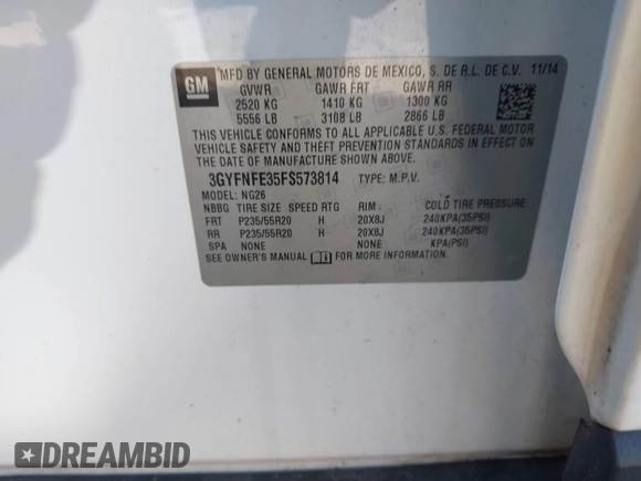 2015 Cadillac SRX Performance Collection with VIN 3GYFNFE35FS573814, listed as a IAAI auction lot 41770696 with 119,205 mi miles and . Bid and sale history available at DreamBid. Image 9.