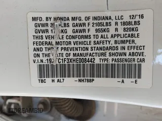 2017 Honda Civic EX-T with VIN 19XFC1F3XHE008442, listed as a IAAI auction lot 42004598 with 187,250 mi miles. Bid and sale history available at carsss.com. Image 9.