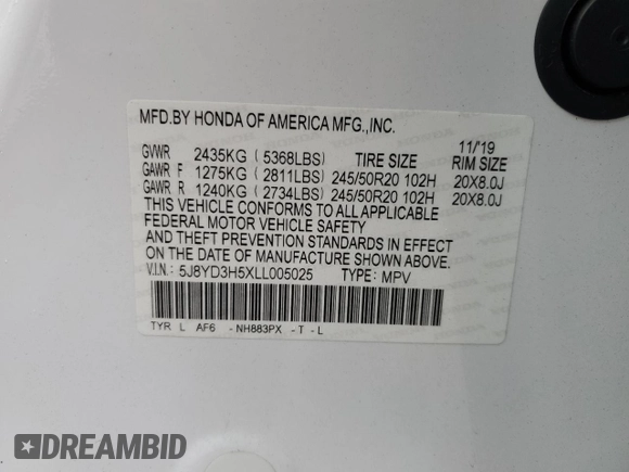 2020 Acura MDX Technology with VIN 5J8YD3H5XLL005025, listed as a Copart auction lot 47982295 with 71,064 mi miles and Salvage title. Bid and sale history available at DreamBid. Image 14.