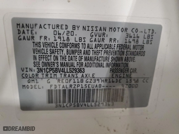 2020 Nissan Kicks S with VIN 3N1CP5BV4LL529363, listed as a Copart auction lot 49784545 with 76,405 mi miles and Salvage Title. Bid and sale history available at carsss.com. Image 13.
