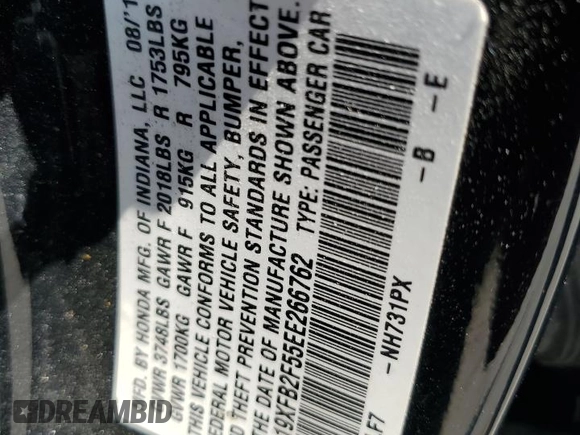 2014 Honda Civic LX z VIN 19XFB2F55EE266762, wystawiony jako Copart lot #56137175 z przebiegiem 147 026 mil mil oraz Szkoda całkowita • Salvage title. Historia ofert i sprzedaży dostępna na DreamBid. Obrazek 13.