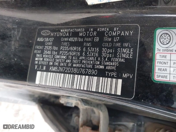2008 Hyundai Tucson SE with VIN KM8JN72D38U767890, listed as a IAAI auction lot 41940900 with 170,080 mi miles. Bid and sale history available at carsss.com. Image 9.