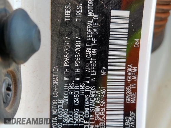 2020 Toyota 4Runner SR5 z VIN JTEBU5JR6L5819461, wystawiony jako Copart lot #58766725 z przebiegiem 101 481 mil mil oraz Szkoda całkowita • Salvage title. Historia ofert i sprzedaży dostępna na DreamBid. Obrazek 14.
